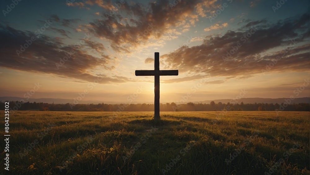 Wall mural the cross on meadow autumn sunrise background - Wall murals