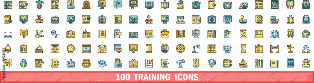 Sticker 100 training icons set. color line set of training vector icons thin line color flat on white - Stickers