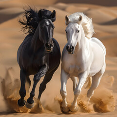 white horse runs gallop in the desert