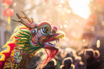 A vibrant Chinese New Year dragon head stands out in a crowd of people, its colorful scales shimmering and vibrant
