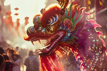 A vibrant Chinese New Year dragon head stands out in a crowded street as part of a celebratory...