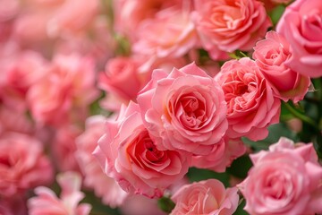 A closeup of vibrant pink roses in full bloom, arranged in a cascading banner style with soft Jaxs