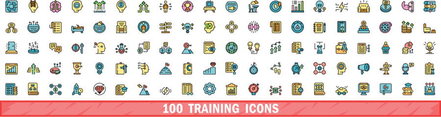 100 training icons set. Color line set of training vector icons thin line color flat on white