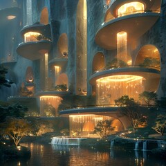 AI generated illustration of a futuristic city skyline at night