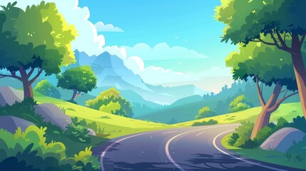 A cartoon summer modern landscape of a highway in forest leading to rocky hills. Mountain and sky are in the distance. An empty asphalt road with a curve among green trees and grass, mountains, and