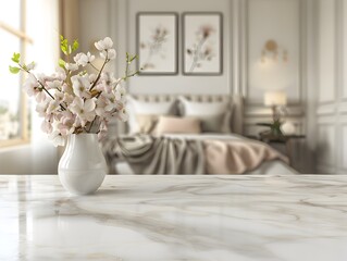 Serene Marble Tabletop and Soft Bedroom Backdrop for Elegant Product Showcase
