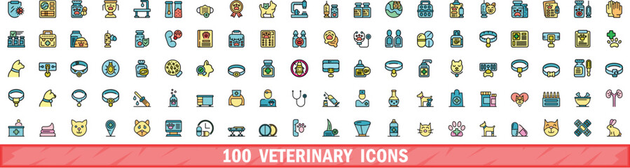 100 veterinary icons set. Color line set of veterinary vector icons thin line color flat on white