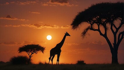 AI generated illustration of a giraffe silhouetted against a golden sunset, framed by trees