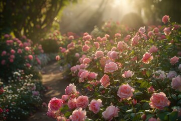 A field filled with blooming pink roses under the sunlight streaming through the trees in a garden