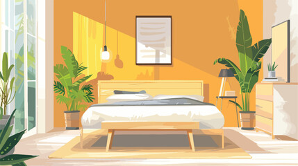 Big bed and bench in interior of modern room Vector i