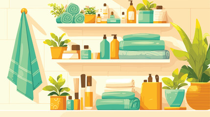 Clean towels and cosmetics on shelves in bathroom 2