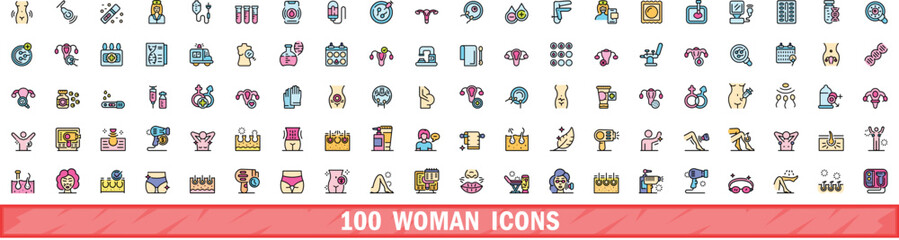 100 woman icons set. Color line set of woman vector icons thin line color flat on white