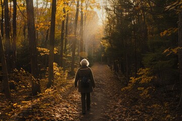A senior woman is walking down a winding forest path, surrounded by trees and bathed in soft...