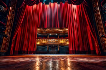 A wide-angle view of a theatre stage with grand red curtains drawn open, revealing a piano in an elegant setting