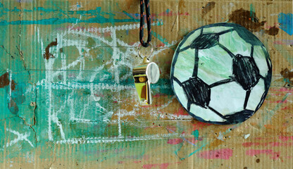 Whistle of soccer referee or coach and soccer ball on grungy background.Great international soccer...