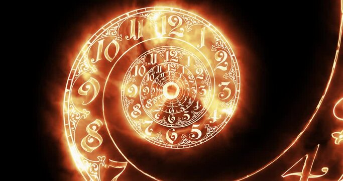 Classic spiral fire dial endlessly moving towards the camera. No arrows. It symbolizes the infinity of time. On black background. 3D render