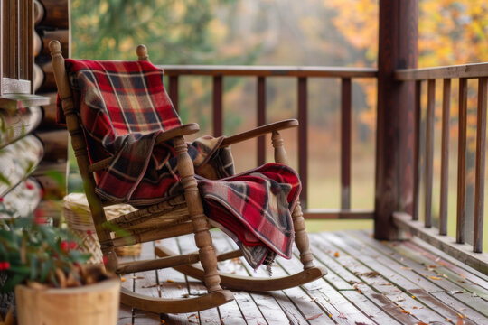 Wooden rocking chair on a porch with a cozy blanket
