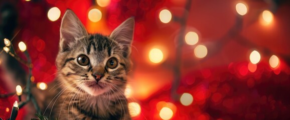 Christmas cat. Portrait striped kitten with Christmas lights garland on festive red background.