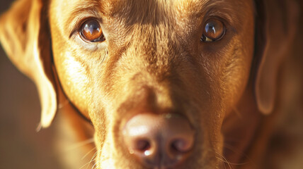 Golden Labrador Close-up Portrait. Intense close-up of a golden Labrador's face highlighting its...
