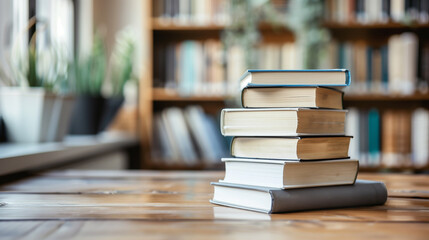 Stack of Books on Wooden Table in Library. A close-up shot of a stack of books on a wooden table,...