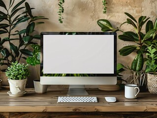 A computer monitor sits on a desk with a few potted plants in the background