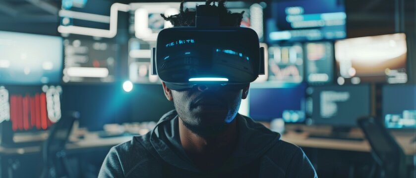 A software developer wears a virtual reality headset on his head, programming a VR game or application. Behind him a technology development studio with displays and computers.