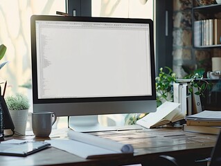 A computer monitor sits on a desk with a few books and a potted plant