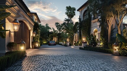 A luxury villa entrance with a cobblestone driveway and vintage gas lanterns - Powered by Adobe