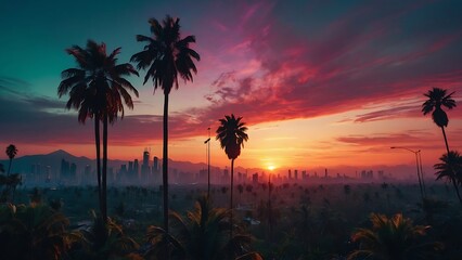 Obraz premium sunset on the beach Synthwave Sunset Retro-futuristic Cityscape