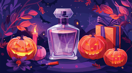 Bottle of elegant perfume with gift box and pumpkins 