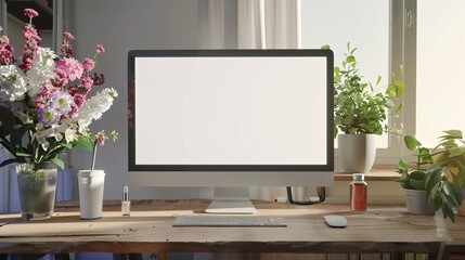 A computer monitor sits on a wooden desk with a vase of flowers