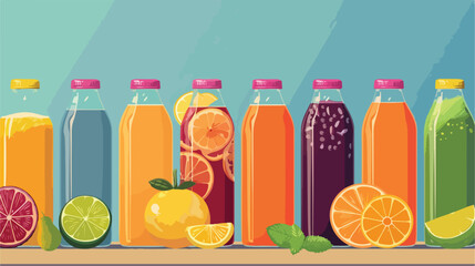 Bottles of fresh juice on table Vector illustration. 