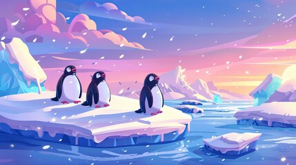 Penguins on frosty arctic landscape, sitting on pieces of ice floating on cold water surface, with snow falling from a pink and blue sky. Animation modern illustration of cute antarctic bird