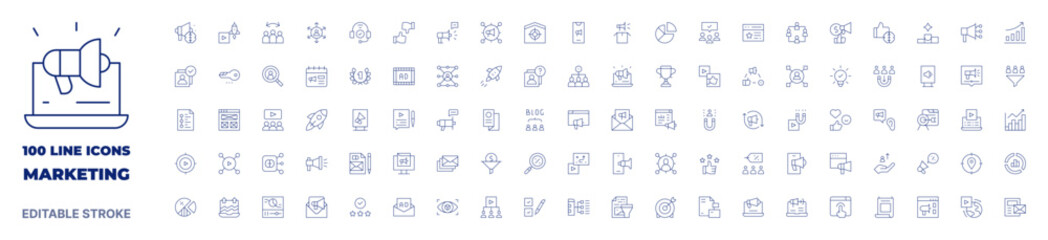 100 icons Marketing collection. Thin line icon. Editable stroke. Marketing icons for web and mobile app.