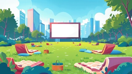 A summer city park with an open air cinema. Modern illustration of chaise lounges, picnic baskets on lawn, modern skyscrapers and a movie screen.
