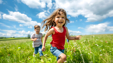 Fototapeta premium Happy family with children playing and running in the field on summer day