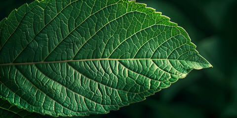 Green leaf close-up concept background poster. Green leaf photo style realistic illustration. Raster bitmap digital illustration. AI artwork.