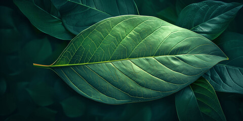 Green leaf close-up concept background poster. Green leaf photo style realistic illustration. Raster bitmap digital illustration. AI artwork.