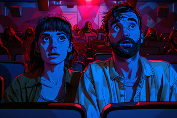 A couple watching a scary movie at the cinema