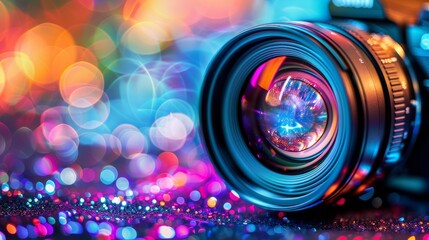 Extreme close-up of a camera lens with vibrant bokeh lights in the background highlights the intricate details and reflections