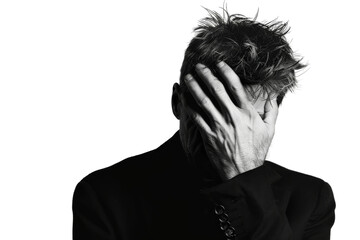 Man Alone with Hand Covering Face On Transparent Background.
