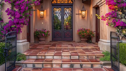 A Mediterranean villa entrance with terracotta tiles, bougainvillea, and wrought iron accents