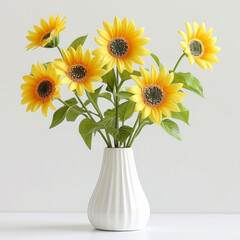 Vibrant sunflowers bouquet in a sleek white vase, bringing a touch of summer into any room.