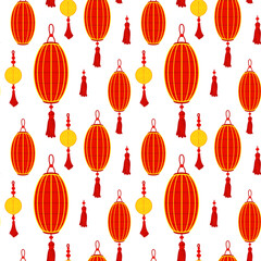 Pattern is a Chinese red paper lantern with golden amulets, reminiscent of cultural wealth and a festive atmosphere. A festive festival. A swollen lantern. Moon Festival. Seamless illustration