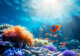 Obraz premium Vibrant Clownfish Swimming Near Coral Reef Underwater Seascape with Sunbeams