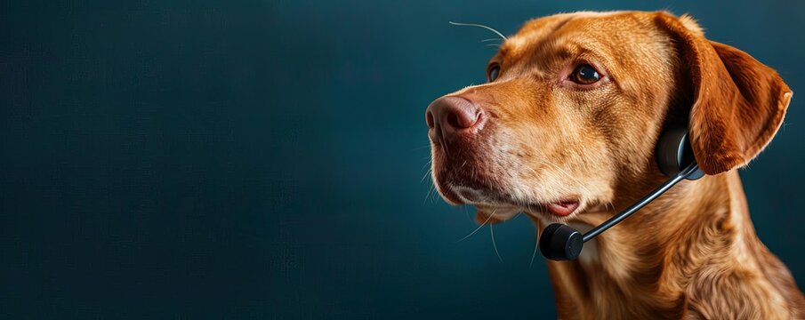 A dog wearing a headset, providing customer service support from a call center