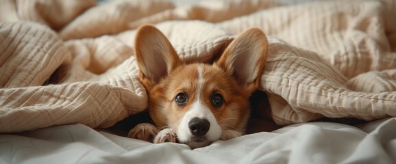corgi puppy on the bed under the blanket
