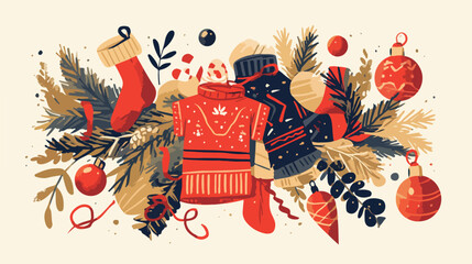 Composition with Christmas clothes fir branches and