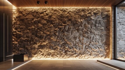 A minimalist entry with a textured stone wall and a recessed floor lighting path