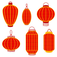 Set of Chinese red paper lanterns in a row, reminiscent of cultural wealth and festive atmosphere. A festival for good luck. Festive themes, cultural presentations, decorative purposes. Moon Festival